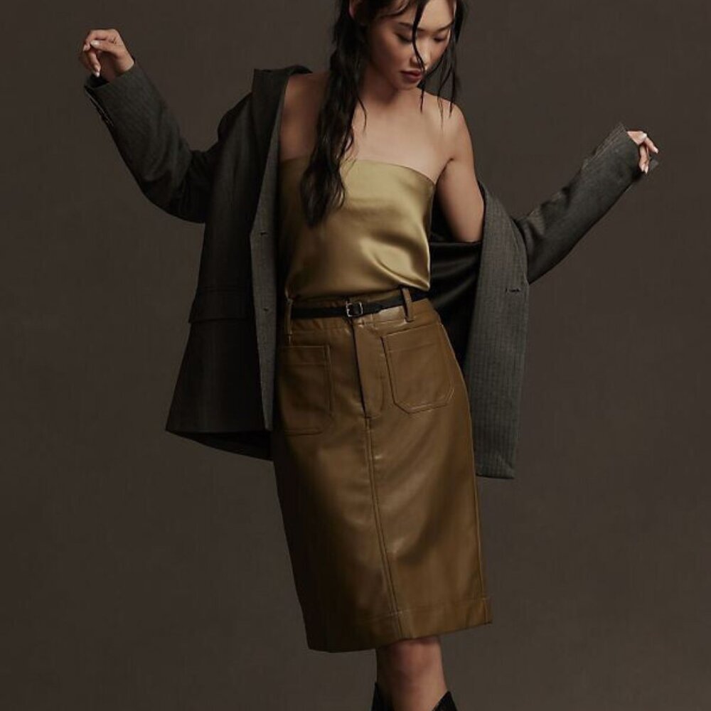 Anthropologie Olive Green Leather Maxi Skirt